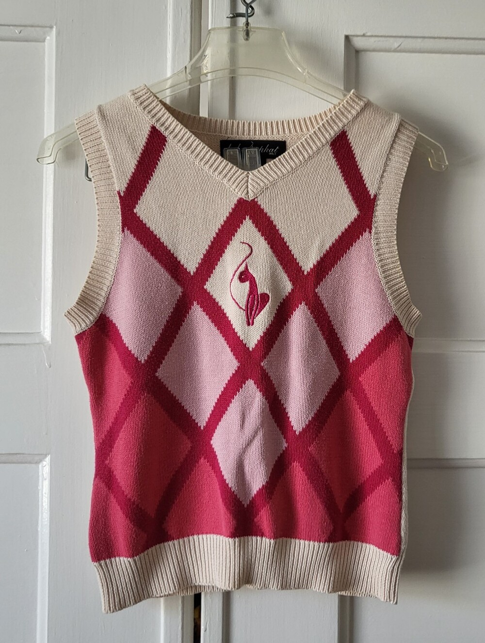 Y2K Baby Phat Cat Logo Argyle Sweater Vest Pink Cream Preppy